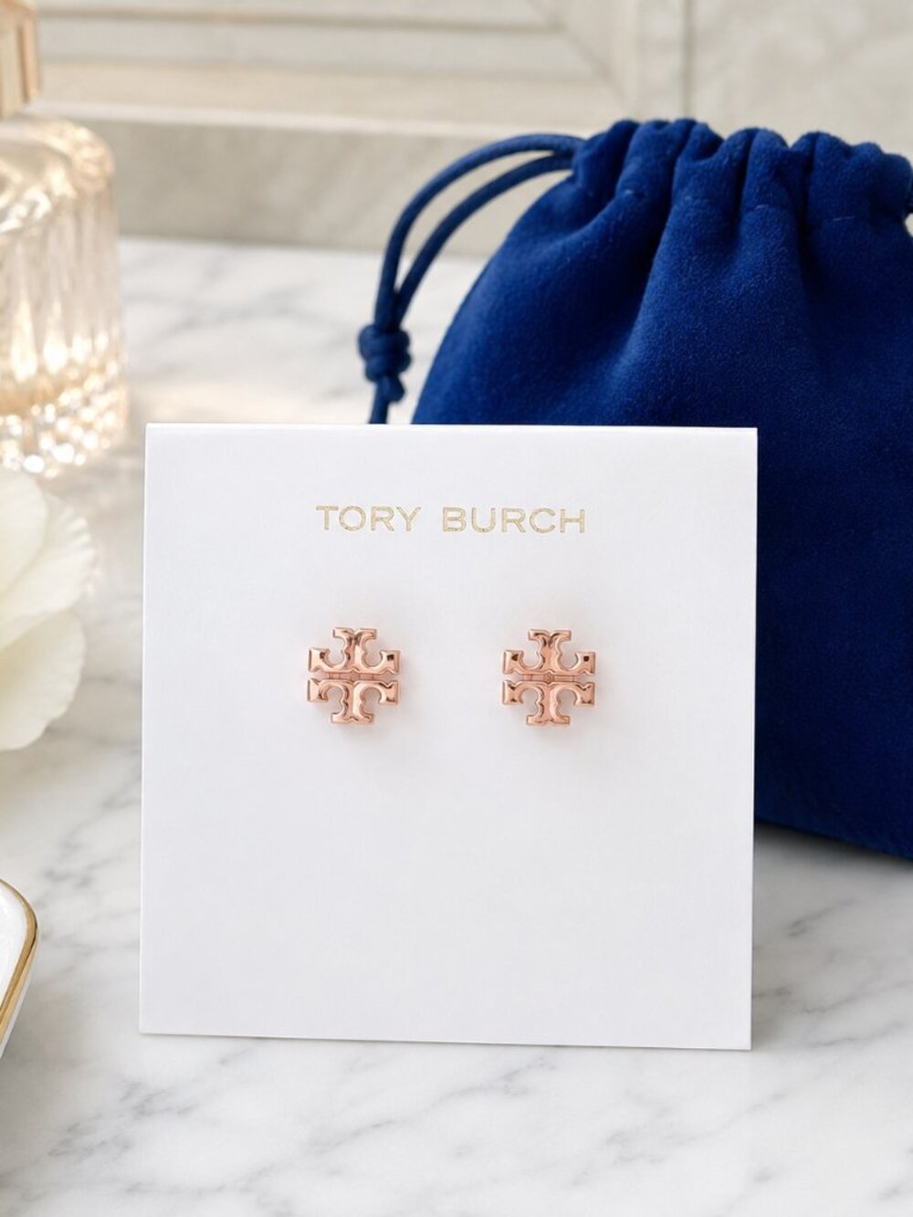 Tory Burch Rose Gold Double T Logo Stud Earrings NWT NWT